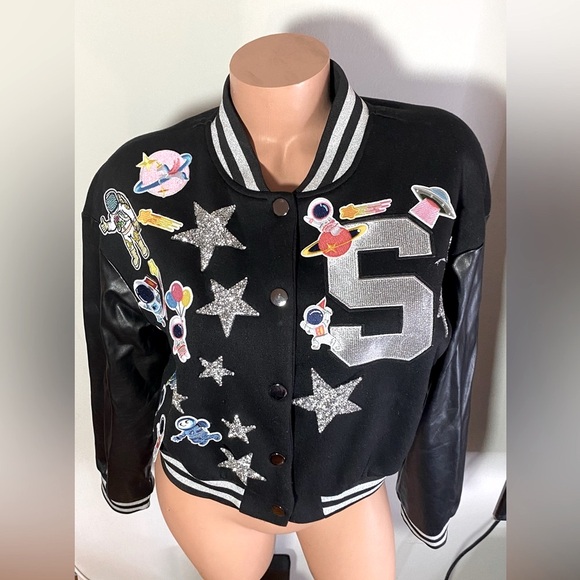 SHEIN Cropped Varsity Style Jacket Black Custom Patch-Work Size M - Picture 6 of 12